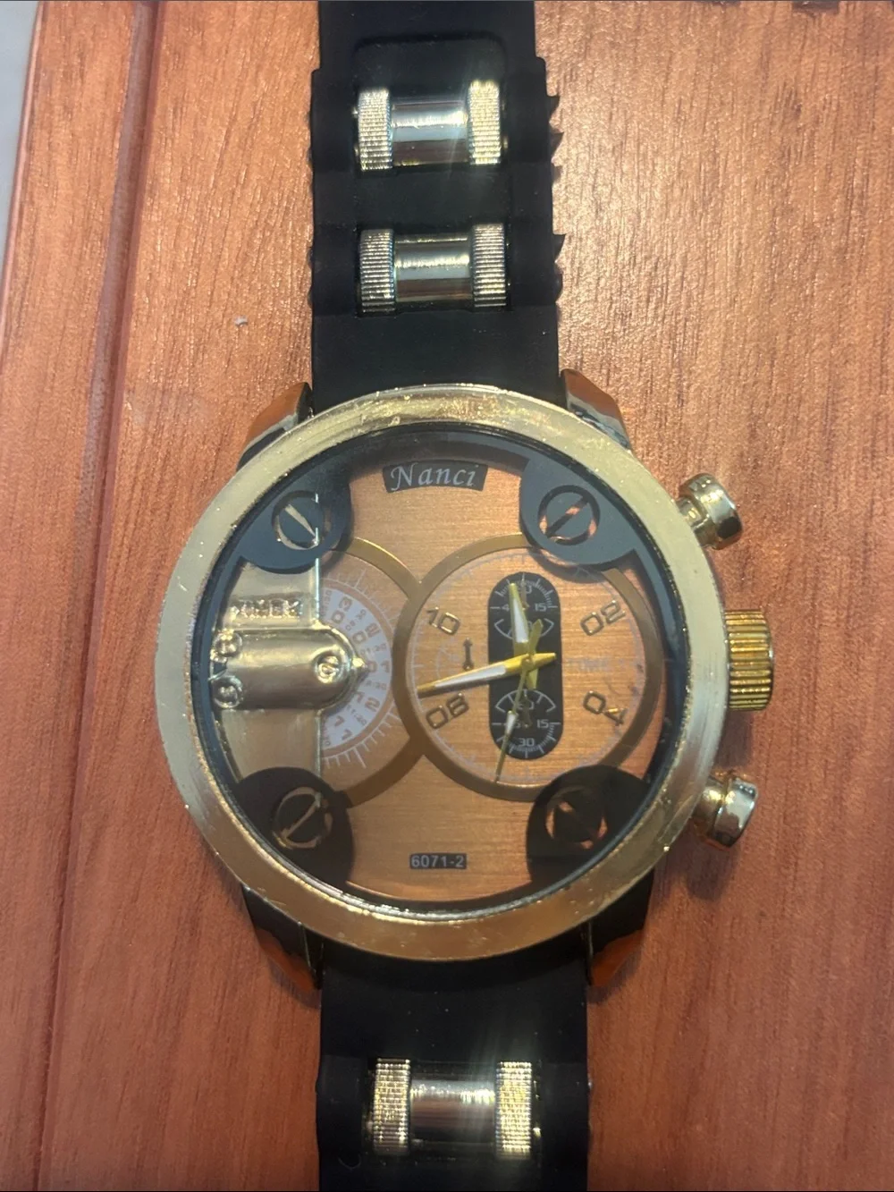 Gold Dial Black Strap Chronograph-Style Wristwatch